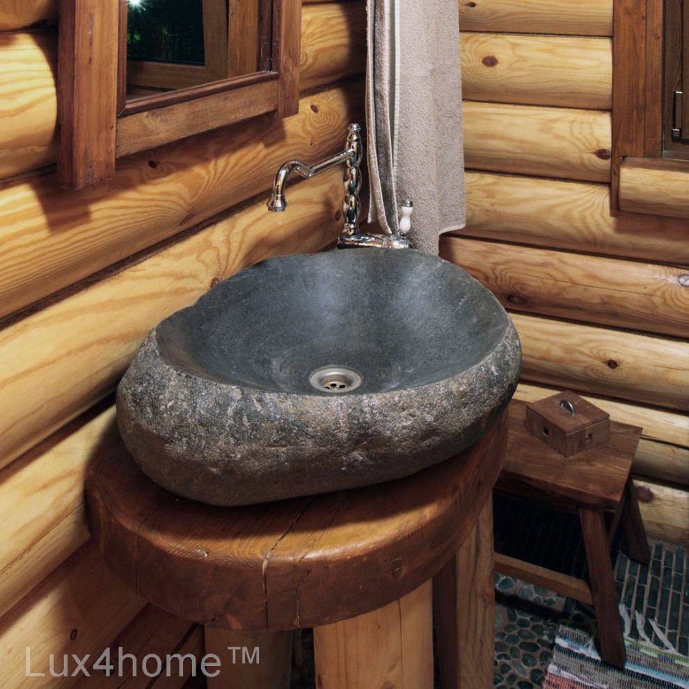 Umywalki z kamienia naturalnego w łazience - umywalka z kamienia polnego i drewno